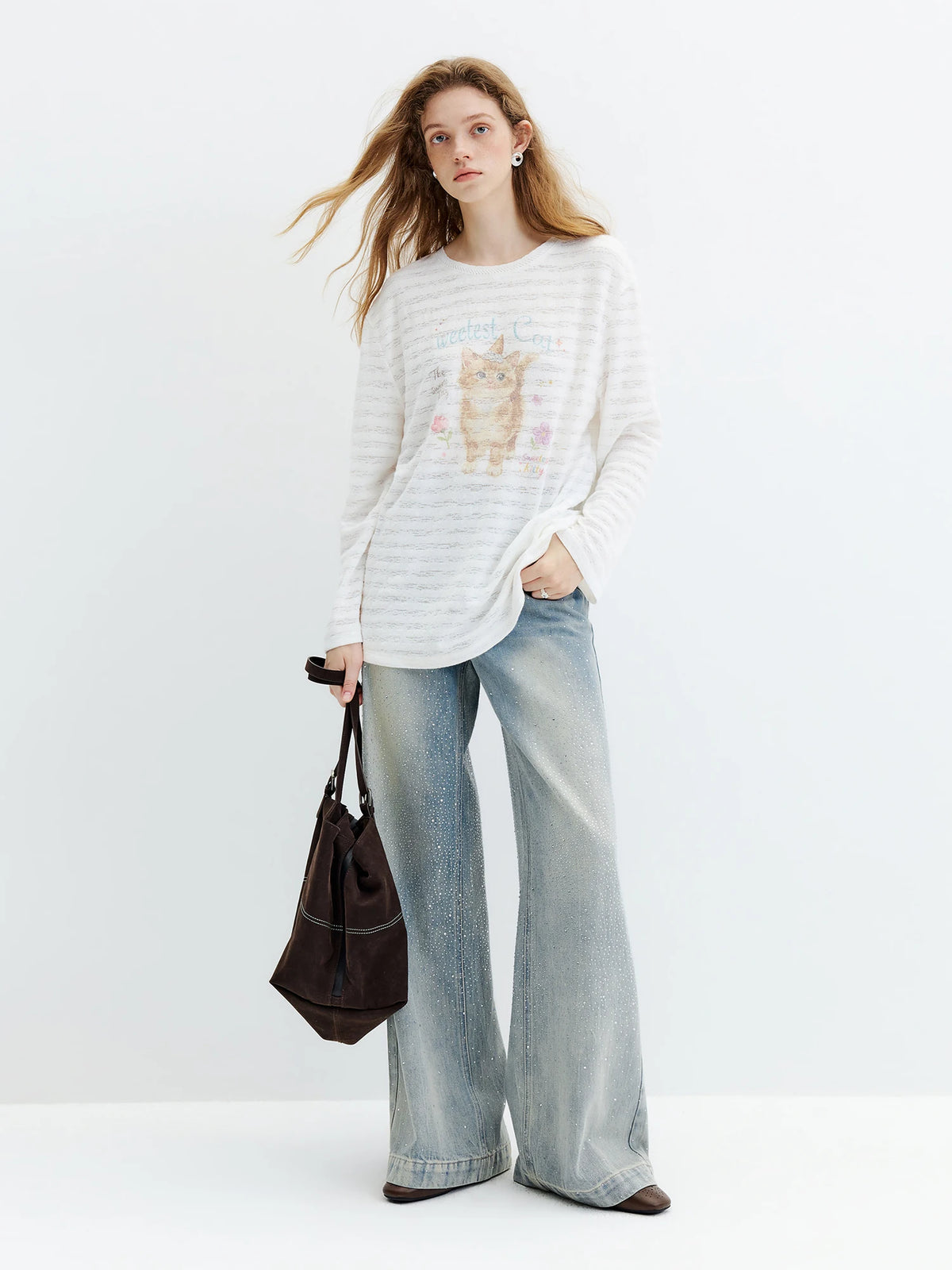 Jeans FSLE 2026 Women‘s Vintage Washed Rhinestone Straight Wide Leg Jeans Heavy Craftsmanship Embellished Denim Pants Commute Style