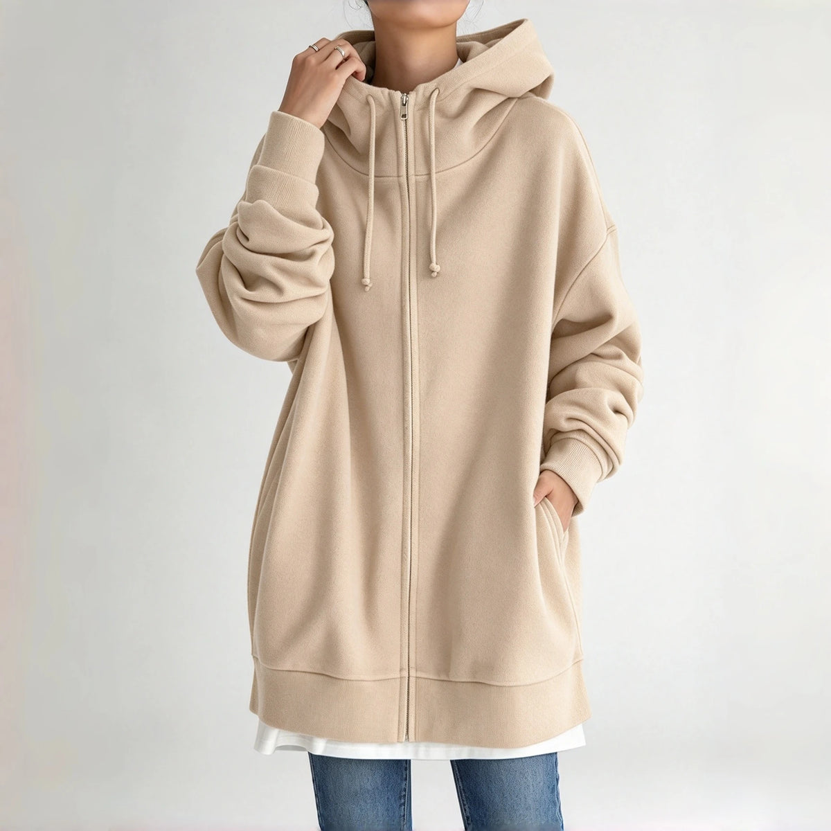 Women Oversized Long Hooded Zip Up Sweatshirt, Casual Loose Mid Length Hoodie Jacket With Pockets, Fake Two Piece Hem Outerwear