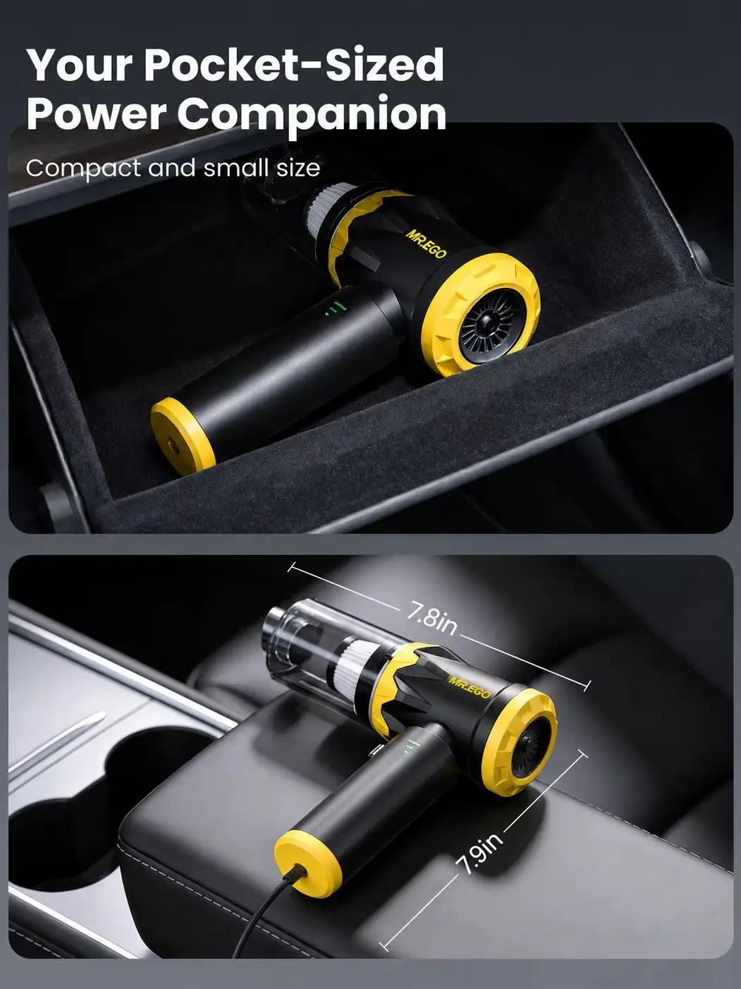 Mr.ego Car Vacuum Portable Cordless, 22Kpa Mini Vacuum with Brushless Motor, Up to 35‑Min Runtime, 4-in-1 Vacuum/Air Duster, 120W High Power, Ultra-Lightweight & Multi-Nozzles for Car, Home, Office