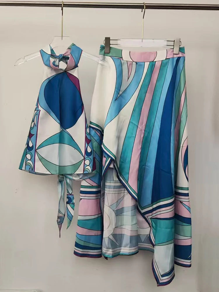 2026 summer women's skirt Designer retro geometric print sexy leaky back neck coat two-piece suit 2026 summer women's dress+loose irregular skirt suit