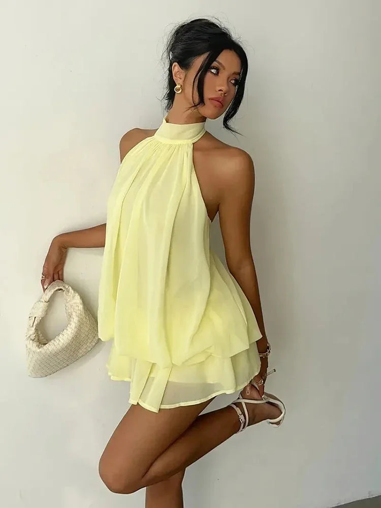 Women Halter Neck Chiffon Mini Dress Sleeveless Tiered Ruffle Flowy Dress Solid Loose A Line Summer Party Beach Casual Sundress