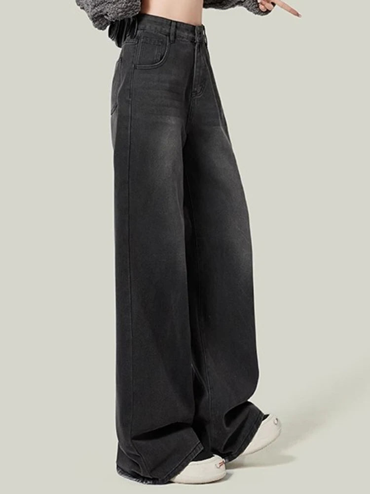 2024 Woman Korean High Waist Jeans Lady Slim Fit Loose Denim Wide Leg Pants Girls Black Gray High Street Straight Leg Trousers