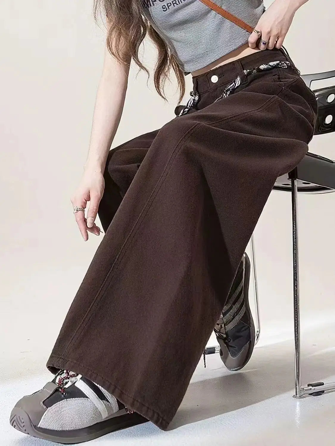 Vintage Brown Patchwork Jeans Women Streetwear High Waist Loose Plaid Denim Pants Y2K Retro Korean Zipper Wide Leg Trouser