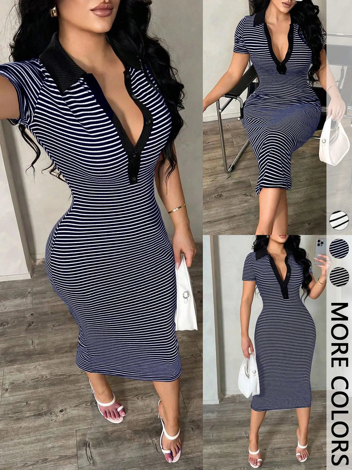 Women's Casual Minimalist Commute Style Short Sleeve Black White Stripe POLO Shirt Dress 1 Piece