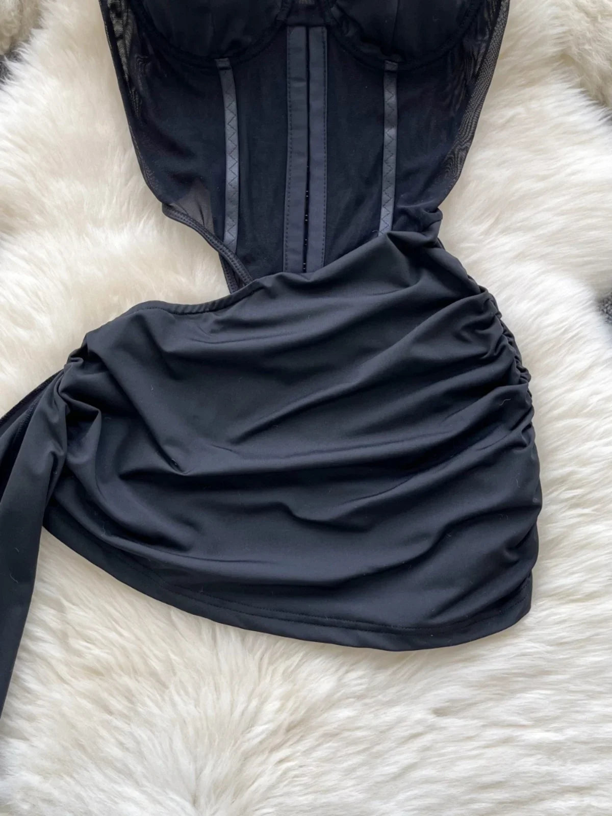 Foamlina American Sexy Hollowed-out Waist Tube Top Dress for Women's Pleated Waist Hip-wrapped Streamer Girl's Short Dress