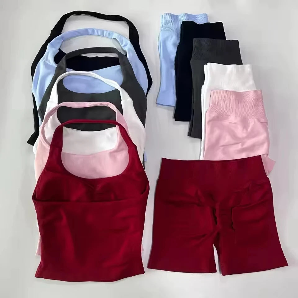 Set Women Gym 1-2pcs Gym Set Women Backless Tank Tops High Waist Scrunch Seamless Shorts High Waist Yoga Leggings Workout Sets Gym Suit