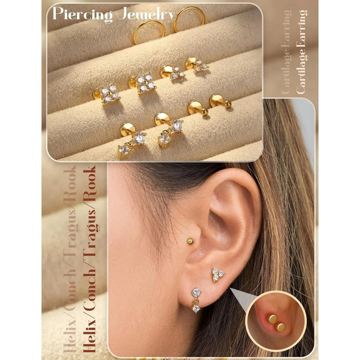 4 Pairs Gold Plated Flat Back Earrings Studs for Women Men CZ 316L Surgical Steel Nose Tragus Helix Lip Piercing Jewelry