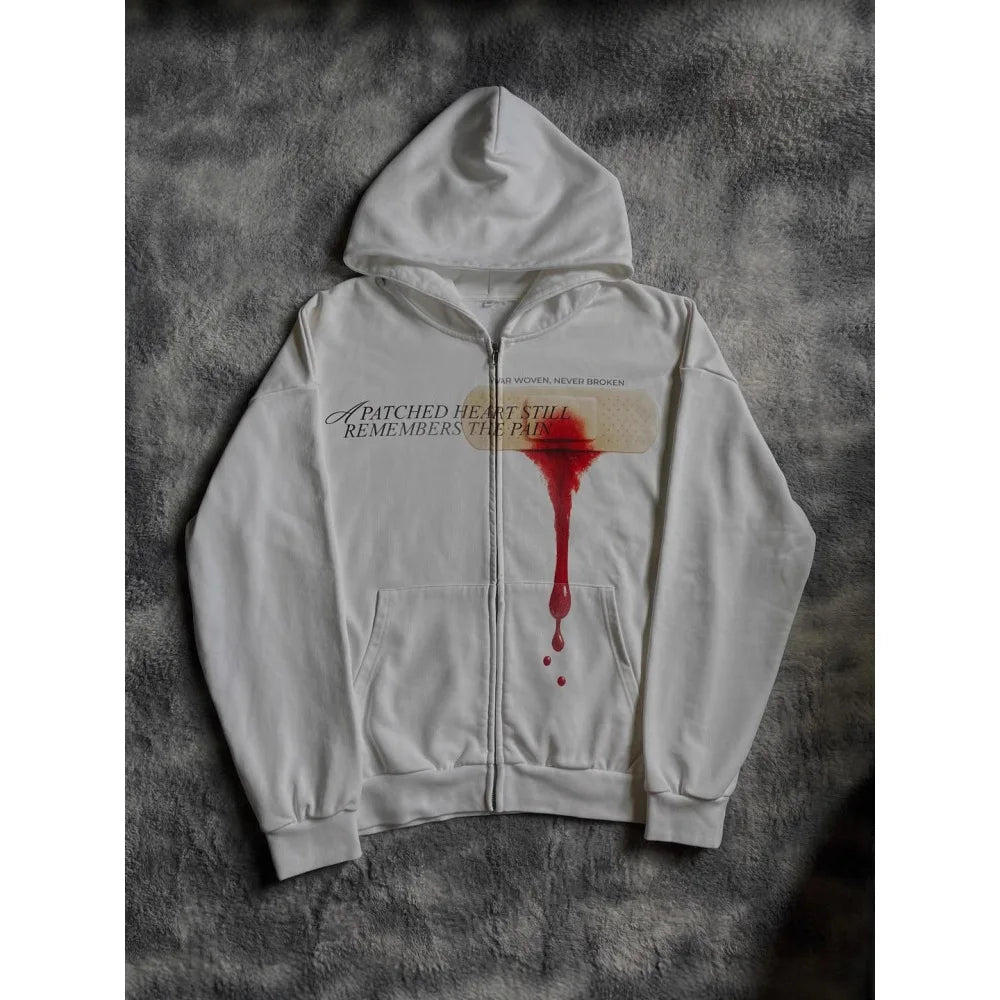 Y2K Gothic Zip Up Hoodie Unisex Bandage Blood Print Full Zipper Hooded Sweatshirt A Patched Heart Letter Oversized Streetwear