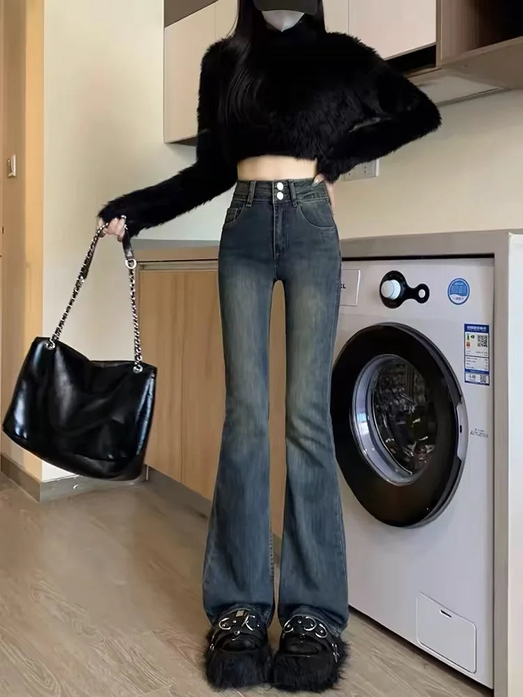Jeans High Waist Slim Fit Micro Flared Denim Jeans Women's Spring Elastic Double Buttoned Wide Leg Pants Casual Pure Color Jeans