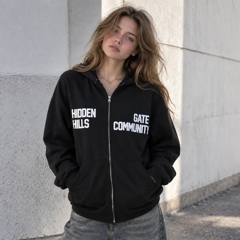 Women Zip Up Hoodie Letter Print Long Sleeve Oversized Sweatshirt Casual Y2K Streetwear Jacket Black Red Hooded Top for Women