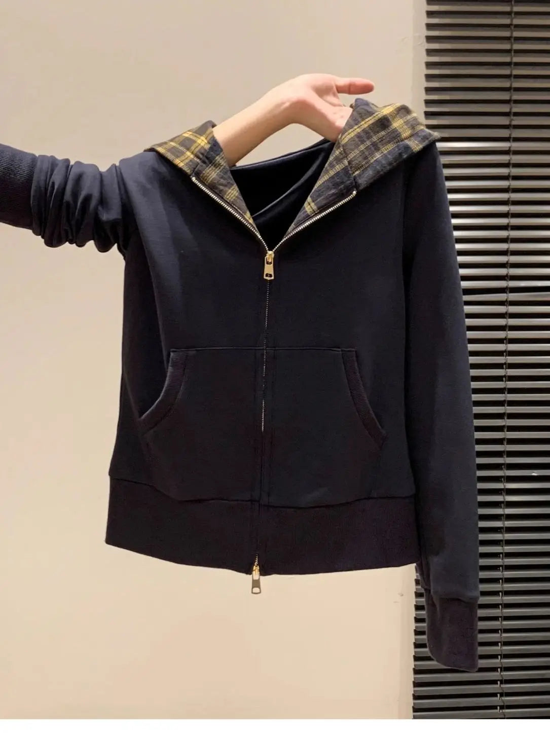 Sweatshirt Trendy Hooded Color Block Plaid Double Zipper Long Sleeve Women's Sweatshirt Jacket Autumn Winter New Style Versatile Open Ca...