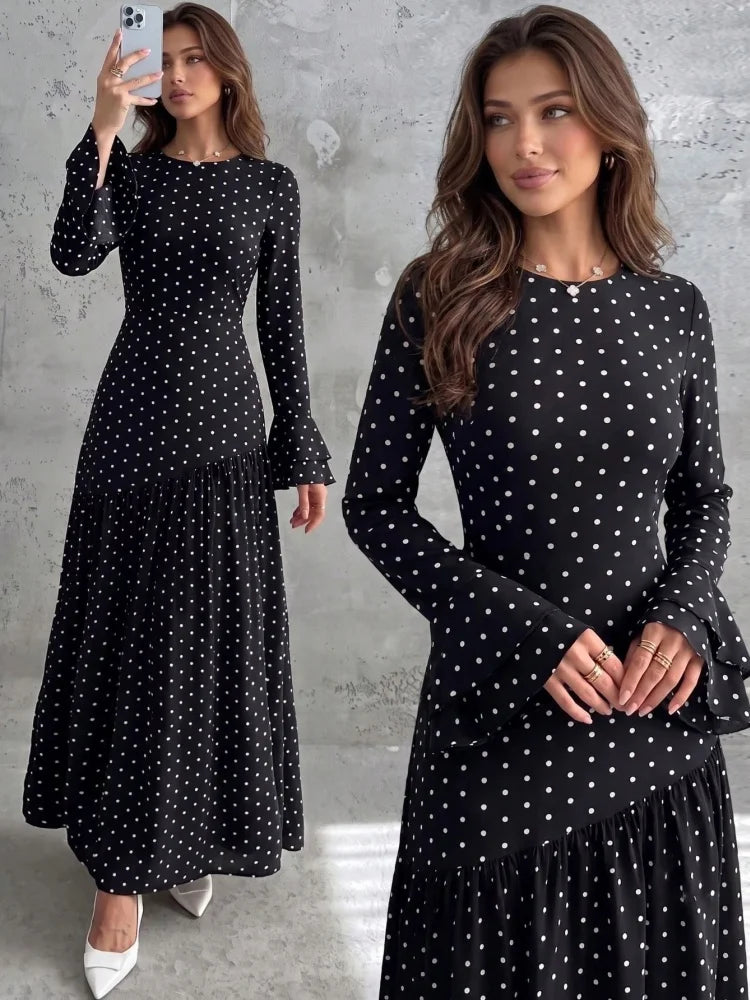 Women's Black & White Polka Dot Midi Dress, Round Neck, Bell Sleeves, Long Sleeves, Waist Tie, Ruffle Hem, Back Cutout, Casual E