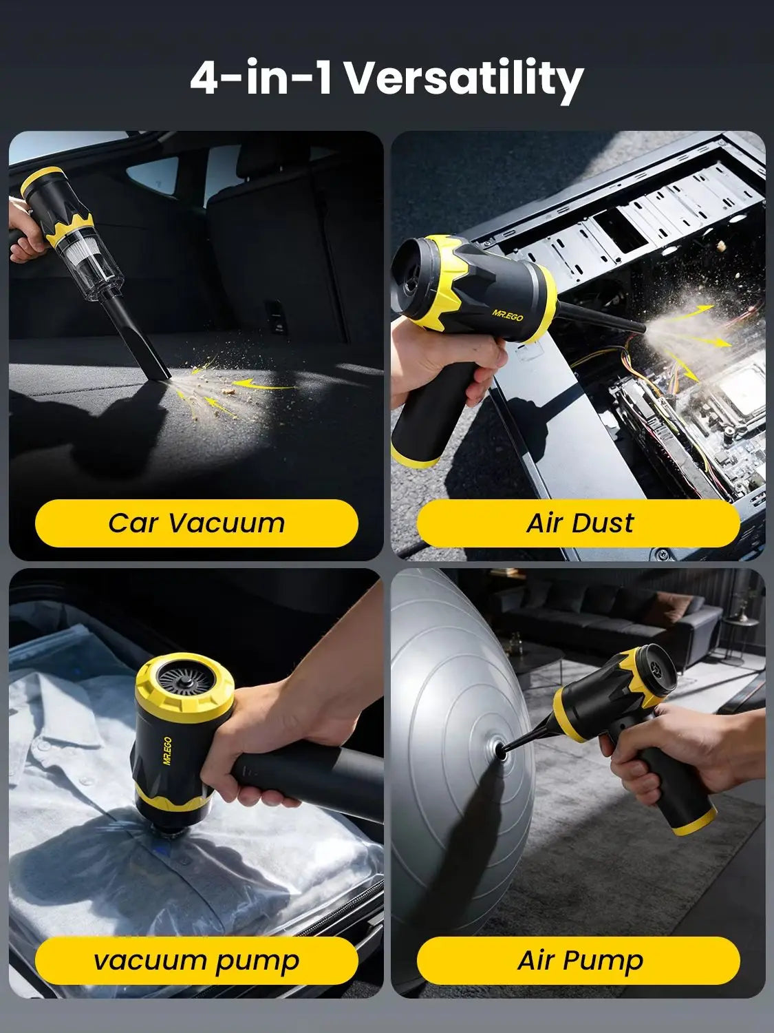 Mr.ego Car Vacuum Portable Cordless, 22Kpa Mini Vacuum with Brushless Motor, Up to 35‑Min Runtime, 4-in-1 Vacuum/Air Duster, 120W High Power, Ultra-Lightweight & Multi-Nozzles for Car, Home, Office