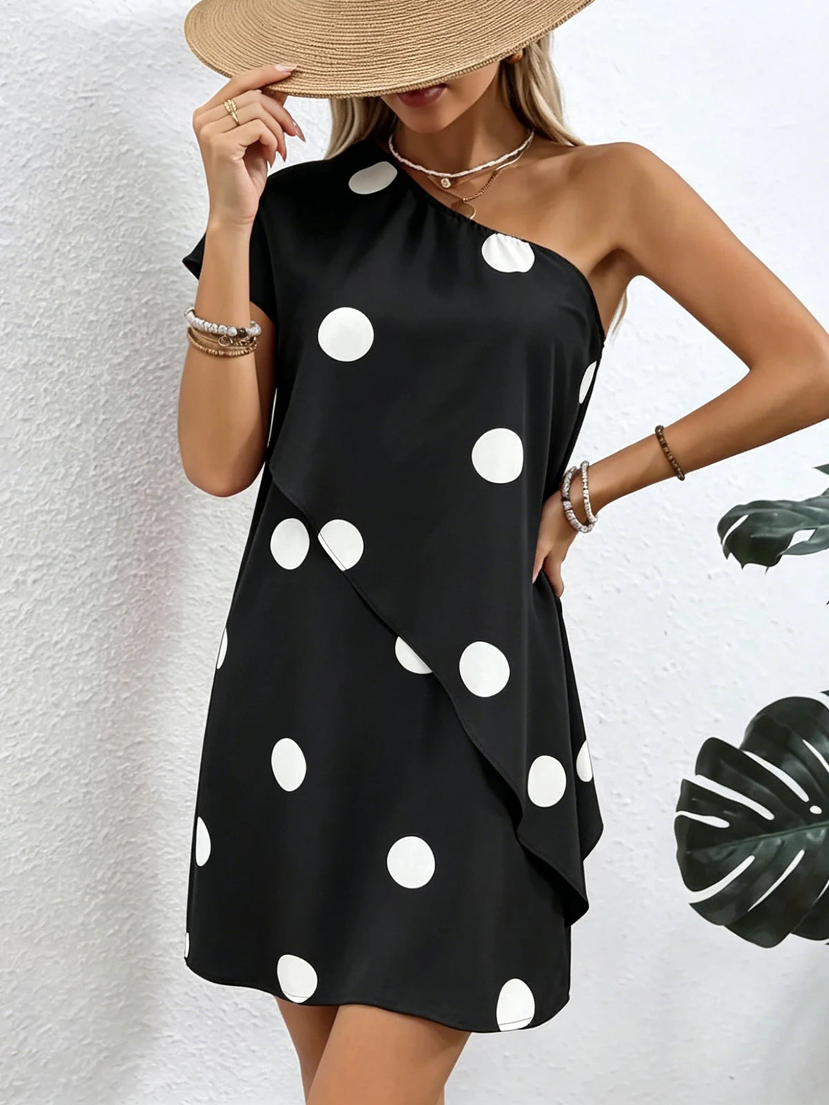 Ladies Elegant Casual Simple Polka Dot Print Ruffle Hem Dress Women's Fashion Round Neck Short Sleeve Dress