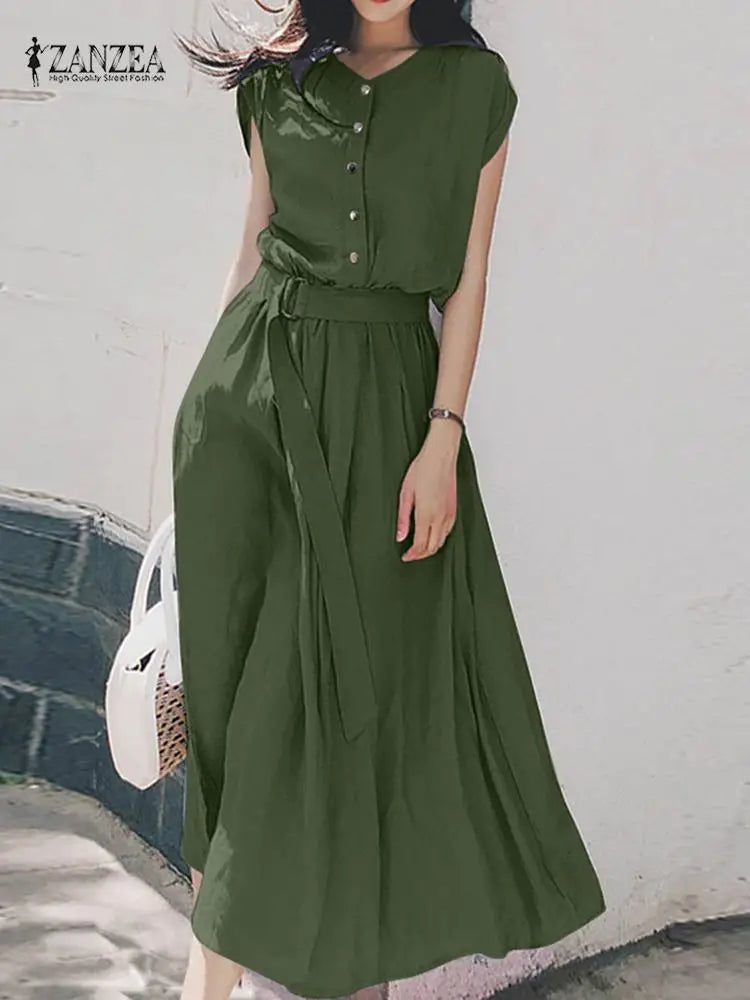 2025 ZANZEA Women Fashion Short Sleeve Dress Summer Elegant Party Vestidos Casual Mid-calf Sundress Femme Vintage OL Robe Kaftan