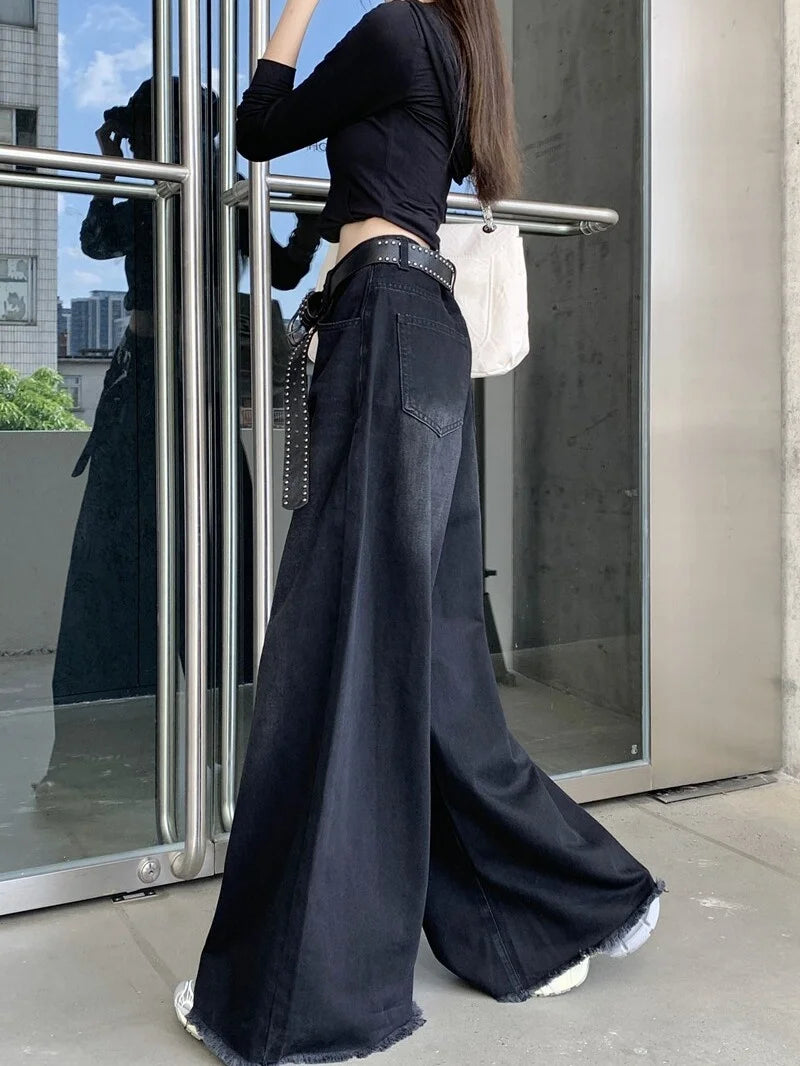 American Retro High Waist Loose Women's Jeans Black Frayed Hem High Street Long Pants plus Size Slimming Trousers