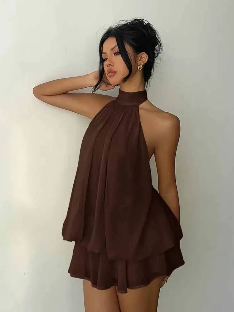 European and American Solid Color Neck Hanging mini Skirt with Loose Atmosphere, Beach Date Sleeveless Short Dress