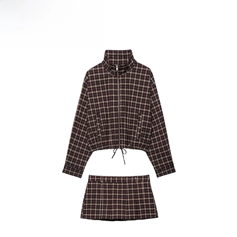 Fashionable Plaid Zipper Coat And Wide Pleat Skirt Set Women's Autumn Arrival Clothing Outfit Matching Checkered Pattern