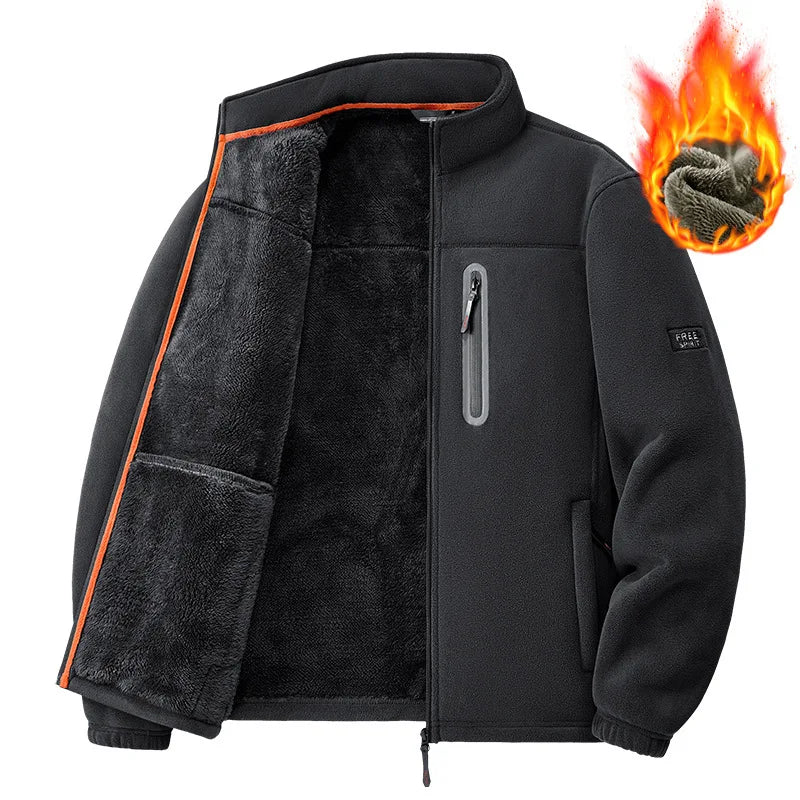 Winter Thickened Windproof Stand Collar Zipper Jacket for Men Casual Outdoor Fleece-Lined Coat Embroidered Men's Warm Jackets