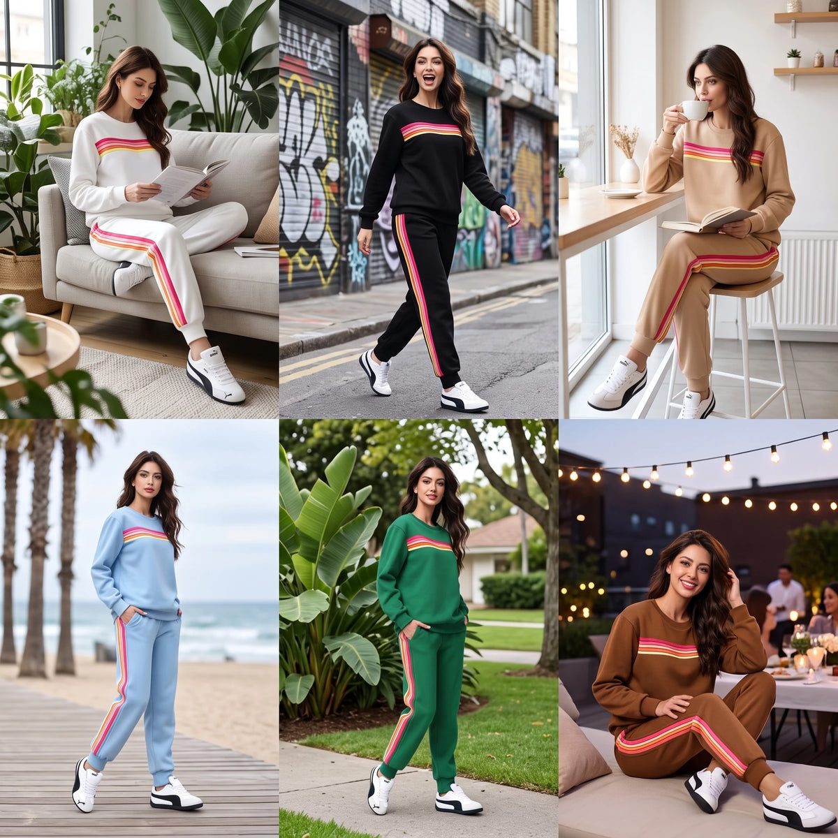 Matching Set Women's 2 Piece Sweatsuit Pant Set Retro Rainbow Stripe Crewneck Sweatshirt and Joggers Casual Matching Lounge Set
