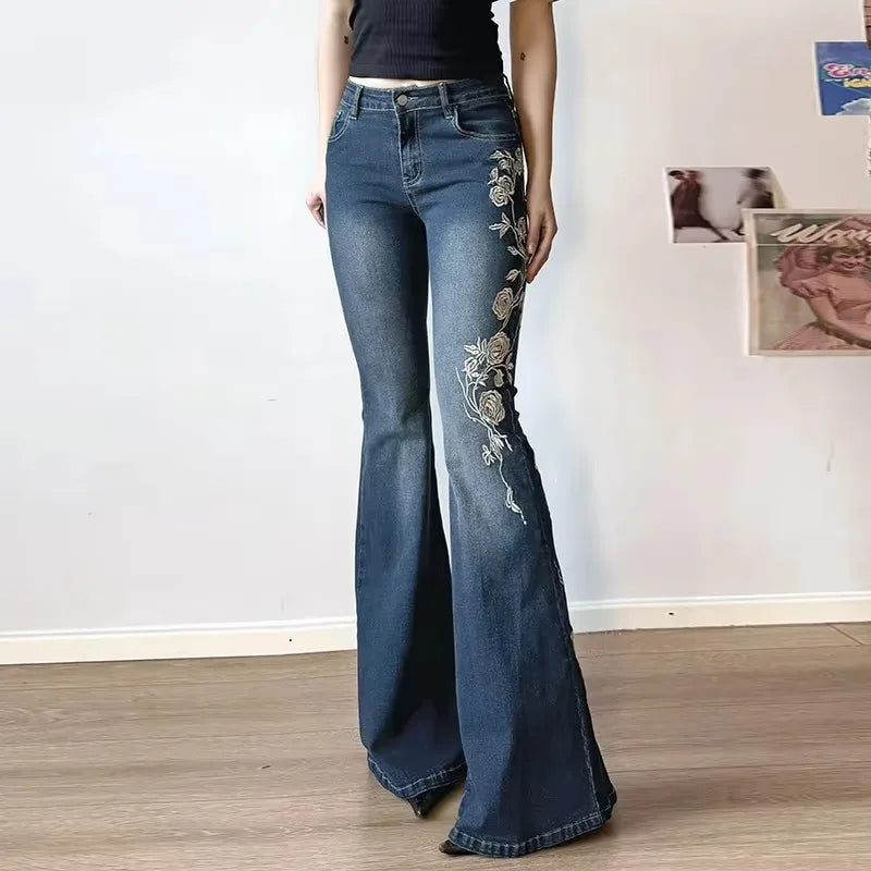 Autumn Women Retro Y2k Jeans Baggy Floral Embroidery Vintage 2000s Low Rise Flared Denim Pants High Street Slim Fit Trousers