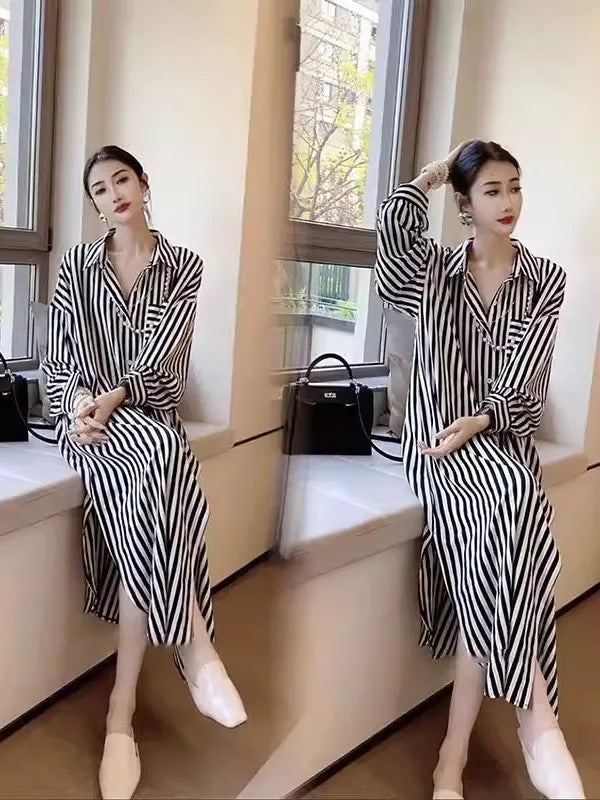 Women's Striped Loose Fit Midi Dress Long Sleeve Korean Style Slimming Sun Protection Casual Shirt Dress for Daily Wear