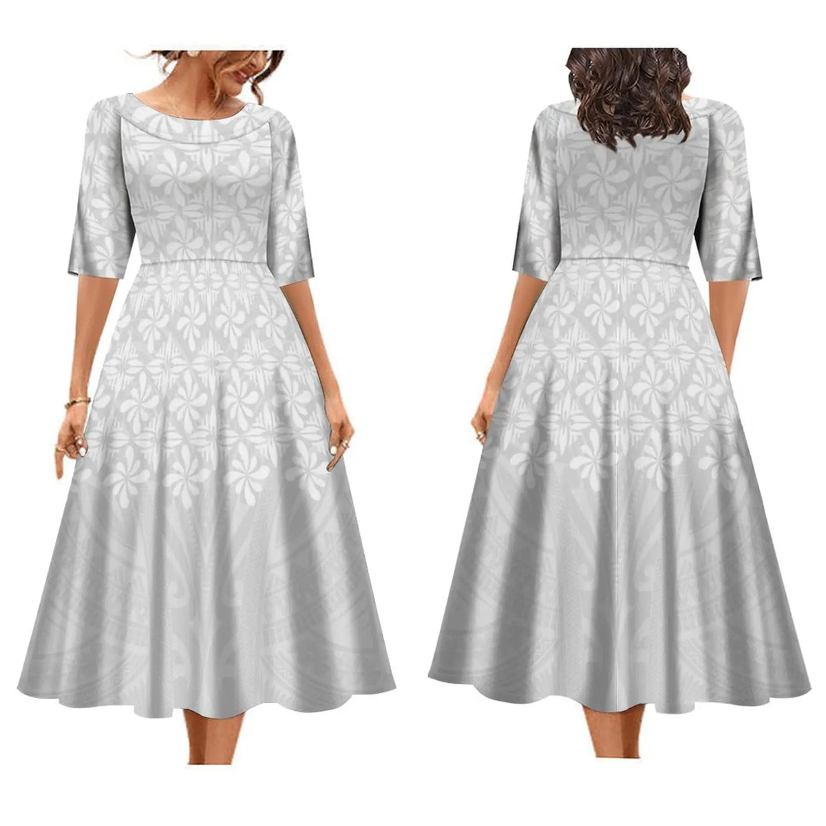 Hot Selling Custom Mother's Day Gift White Sunday Design Polynesian Tribal Printed Midi Dress Summer Hawaiian Dresses Vestidos