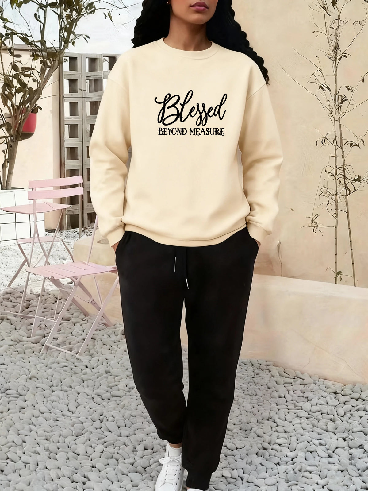 Women's Autumn Winter Outfit Round Neck Long Sleeve Printed Sweatshirt Top with Drawstring Solid Color Pants Matching Set