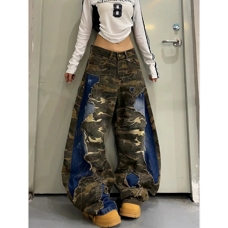 American Style Vintage Street Style Camouflage Patchwork Women's Jeans With Casual Frayed Edges Wide Leg Pants Autumn