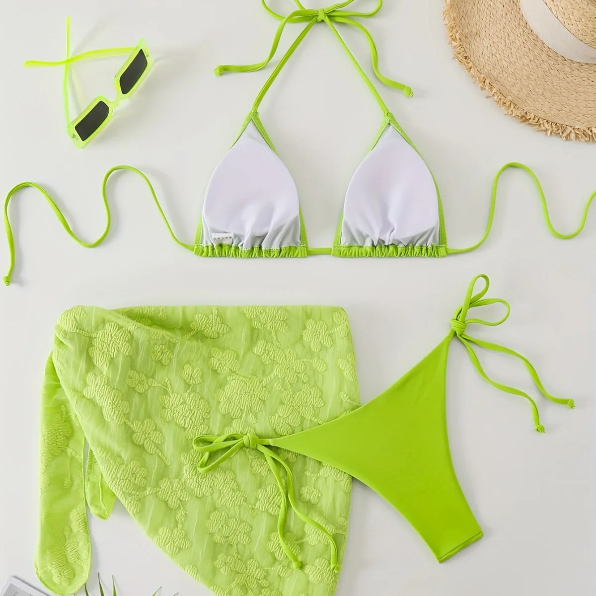 Sexy Solid Color Bandage 3Pcs Triangle Bikinis Set Women Three-Piece Swimwear Beach Swim Wear Bathing Suits Brazilian Bikini