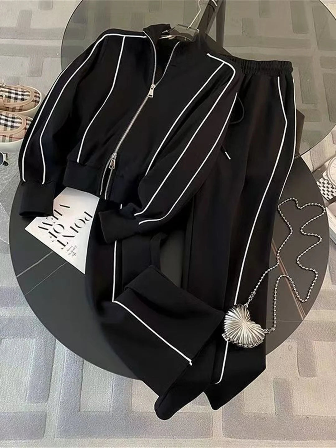 Casual Sportswear Set Women's Spring Fashion Age-Defying Loose Sweatshirt Small Size Wide Leg Pants Two-Piece Set