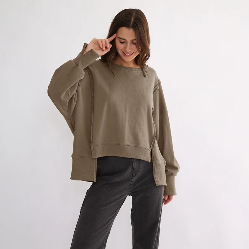 Sweatshirts 100% Cotton Oversized 100% Cotton Women Sweatshirts Long Sleeve Patchwork Open Side Streetwear Harajuku Pullovers Autumn Clothes For Women