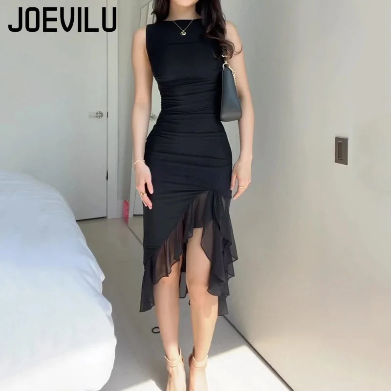 Ladies Summer Sexy Dresses Solid Colour Sleeveless Waist Slimming Mesh Short Dresses Backless Ruffle Irregular Party Dresses