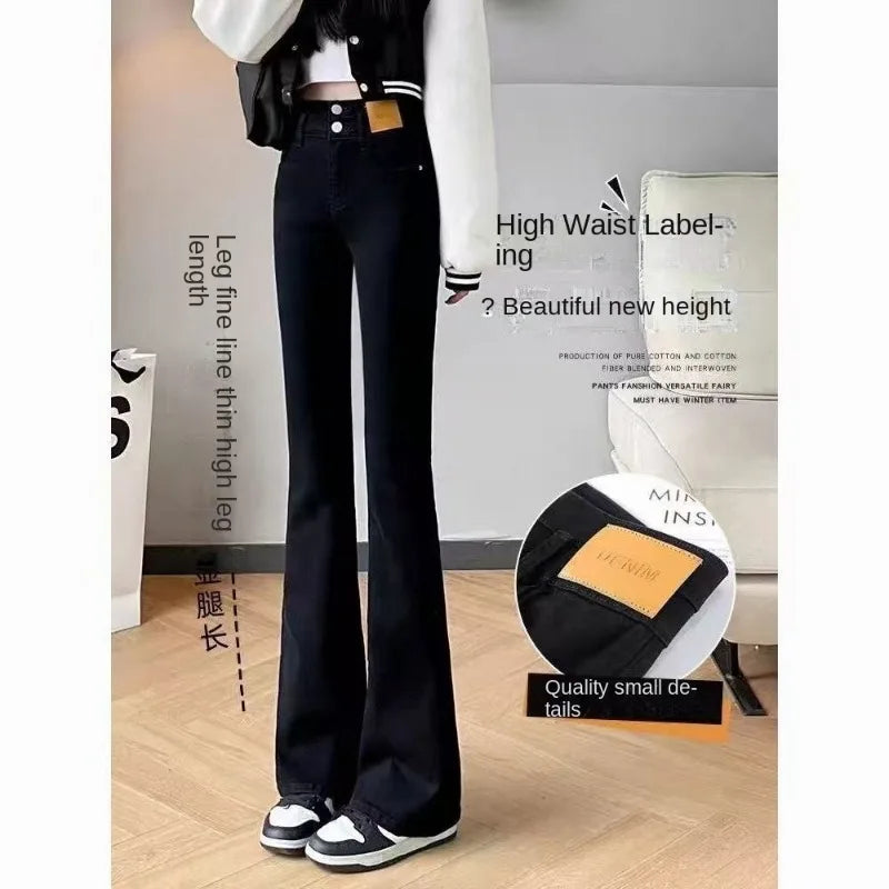 Women's Jeans Pants Black Flare High Waist Slimming Trendy Bell Bottom Denim Casual Streetwear Retro