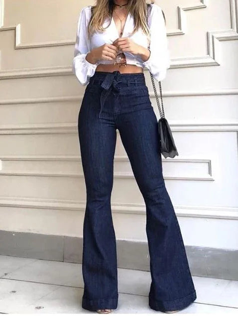 Women High Waist Jeans Wash Denim Pants Slim Fit Bell Bottom Trousers Vintage Streetwear Casual Fashion Women Denim Bottoms