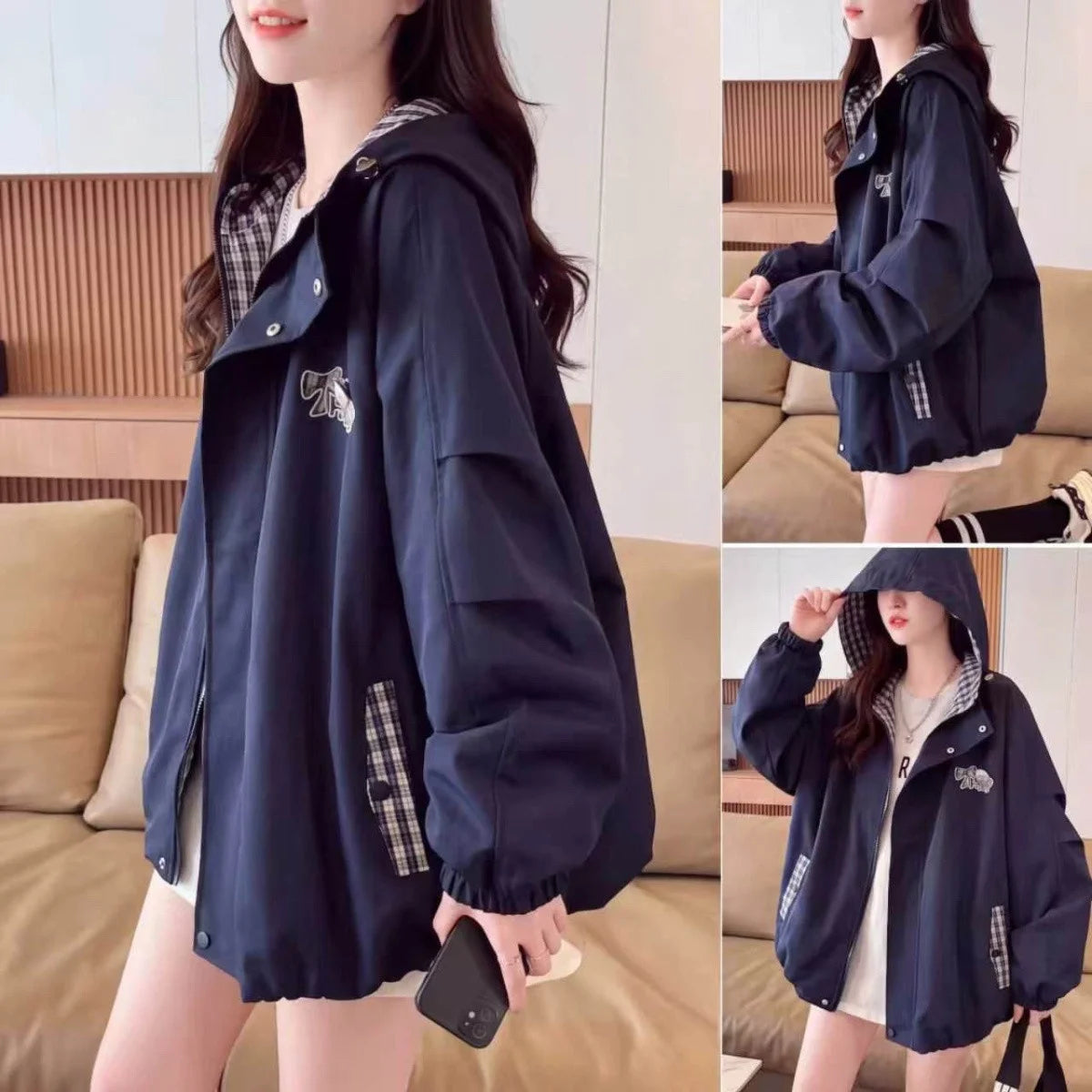 Korean Ladies Long Sleeves Casual Coat Spring Autumn Women Grid Patchwork Loose Top Outwear Female Fashion Hoodies Zipper Jacket