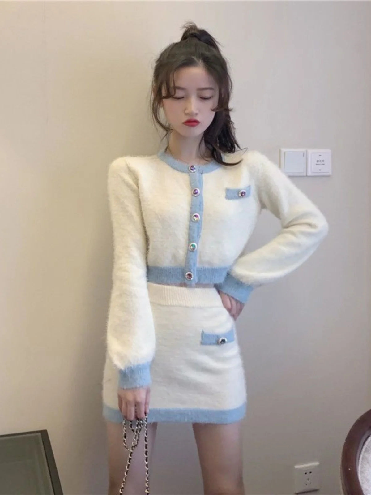 Casual Knitted Long Sleeve Two-Piece Set for Small Stature Women Autumn Fashion Slimming Dress Young-looking Ensemble