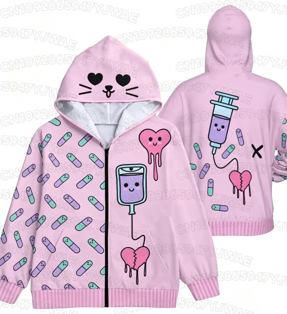Women's Broken hearts Unisex Zipper Hoodie Rib Cage Spooky Cute Pastel Goth Menhera Halloween Creepy Cute Skeleton Hoodies