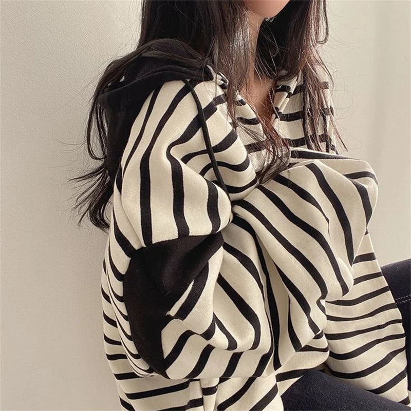 Korean Fashion Striped Patchwork Loose Hoodies Women Autumn Casual Long Sleeve Hooded Shirt Streetwear Y2K Oversized Sweatshirt