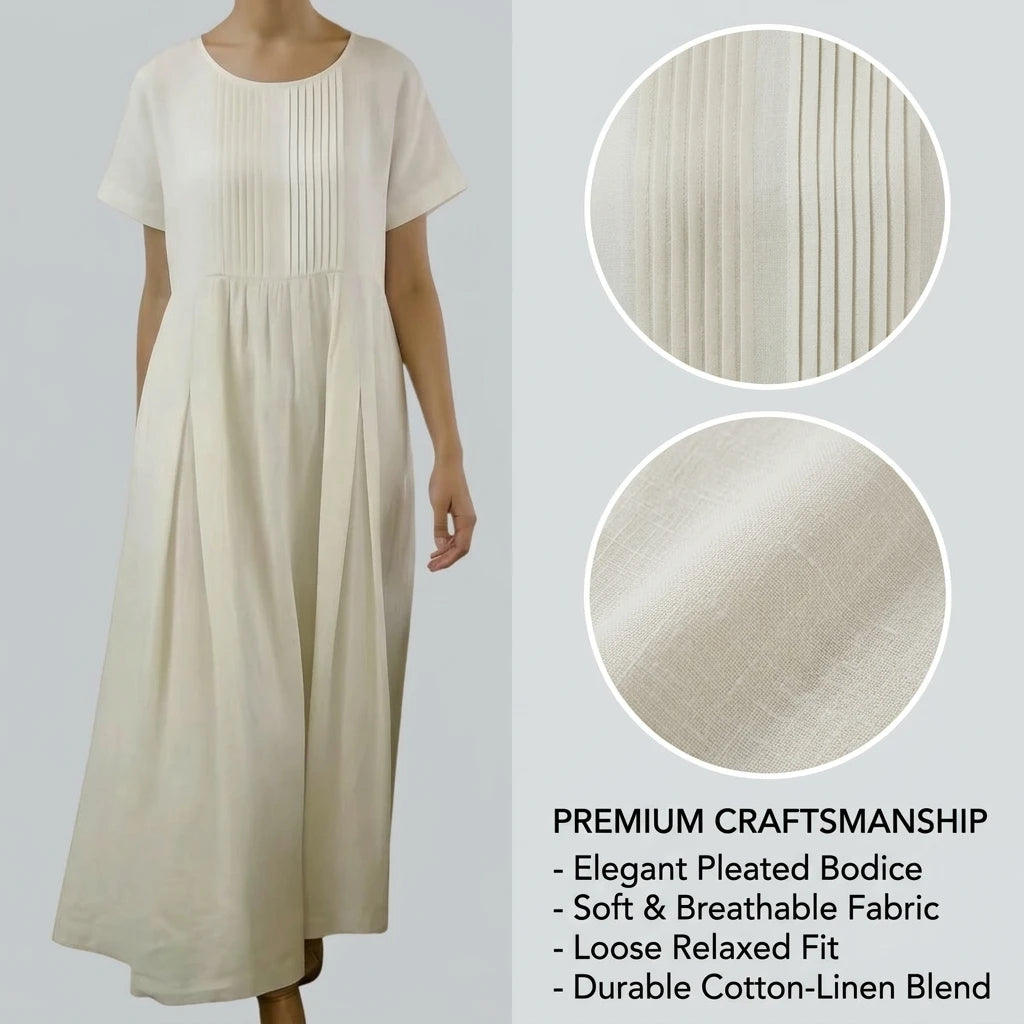 Cotton Linen Dress for Women Pleated Solid Color Short Sleeve Casual Midi Pullover Sundress