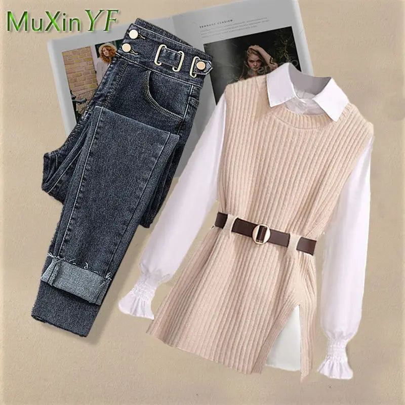 2026 Spring Korean Elegant in Matching Set Women's Fashion Knitted Vest+Shirt+Jeans Three Piece Female Chic Denim Pants Suit