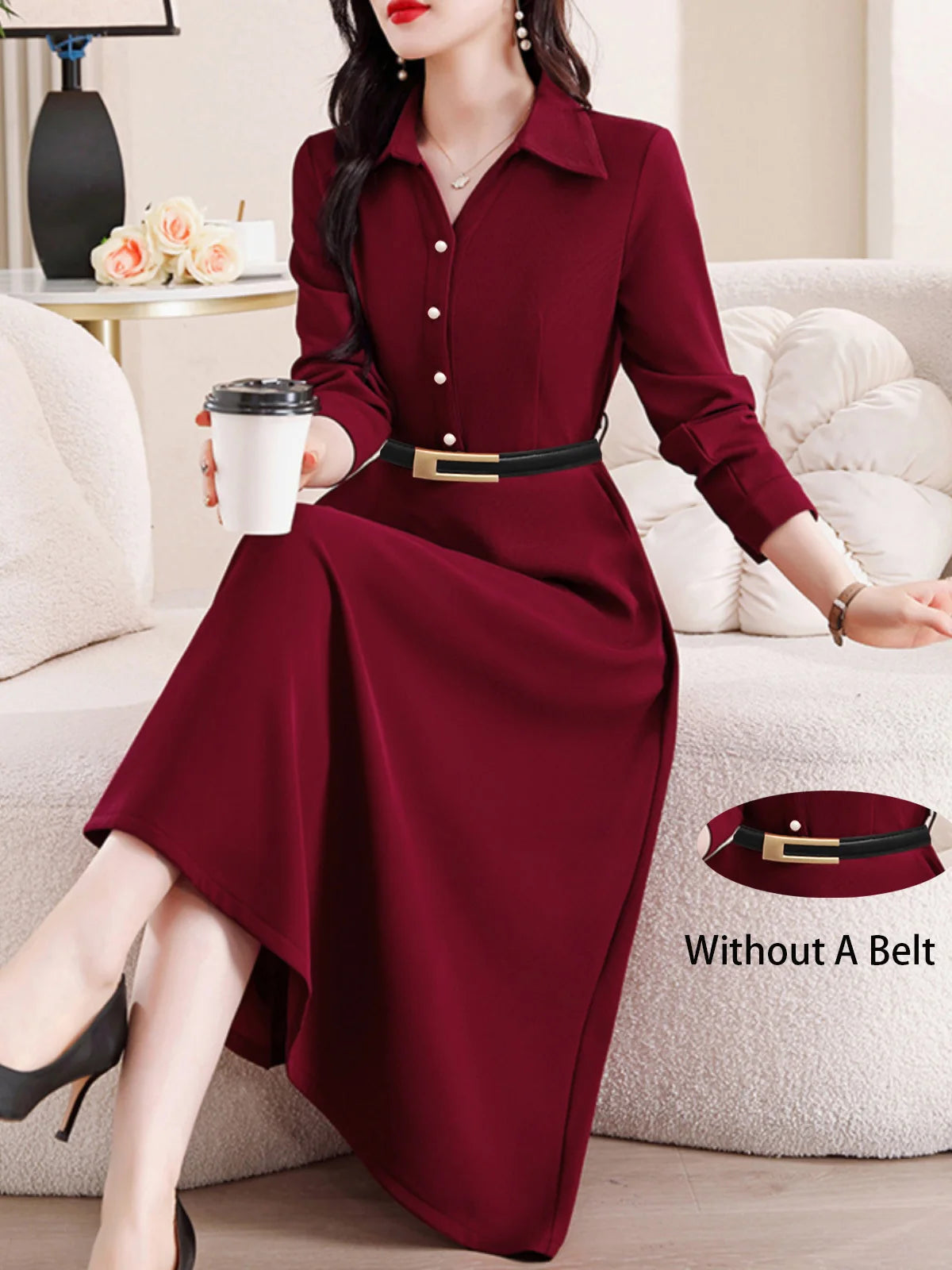 Women Elegant Midi Dress Long Sleeve Office Lady Shirt Dress Turn Down Collar Button A Line Party Work Dress Without Belt Casual