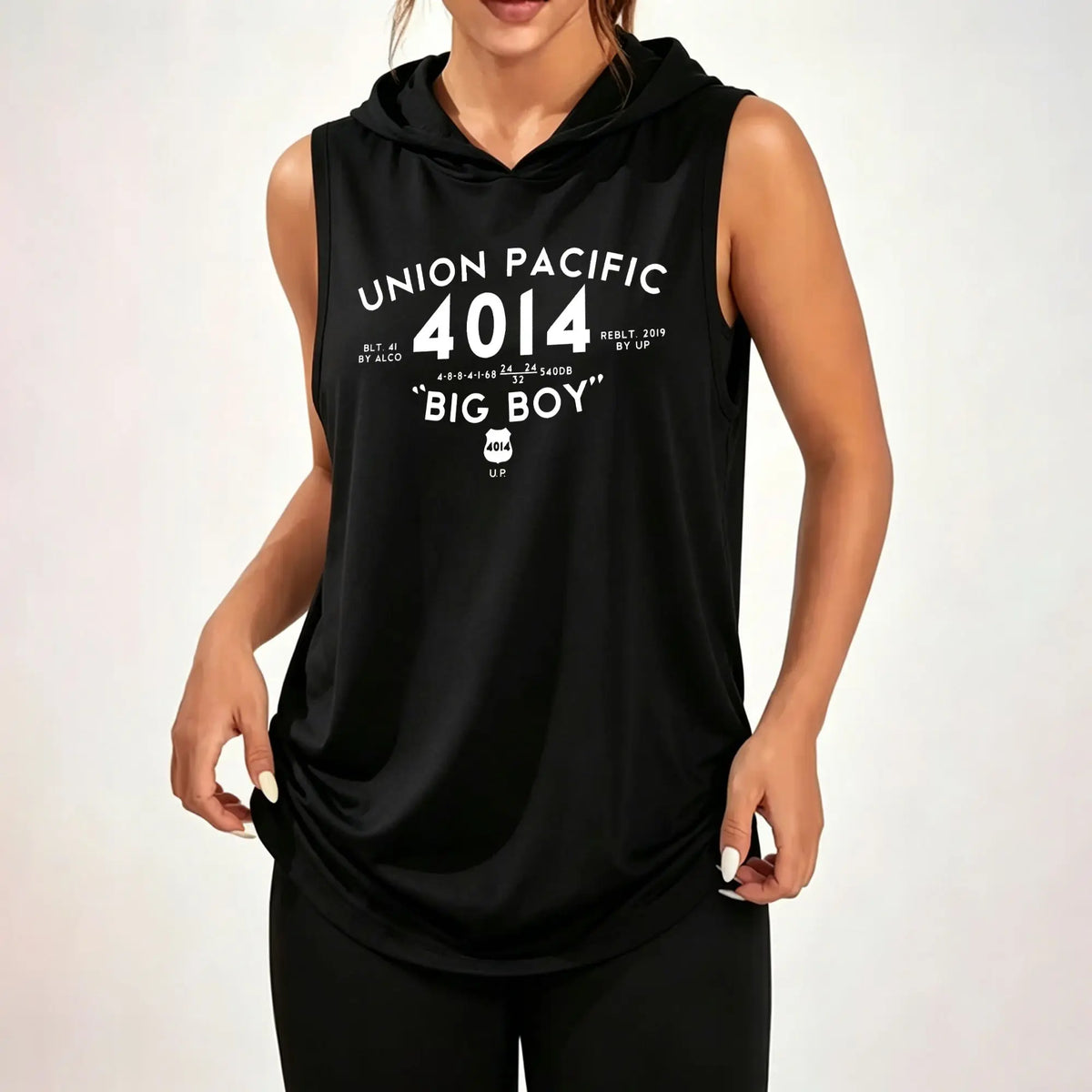 Women Sleeveless Hooded Tank Top Union Pacific 4014 Big Boy Train Letter Graphic Print Casual Loose Sleeveless Hoodie Daily Hood Tank Tops ****