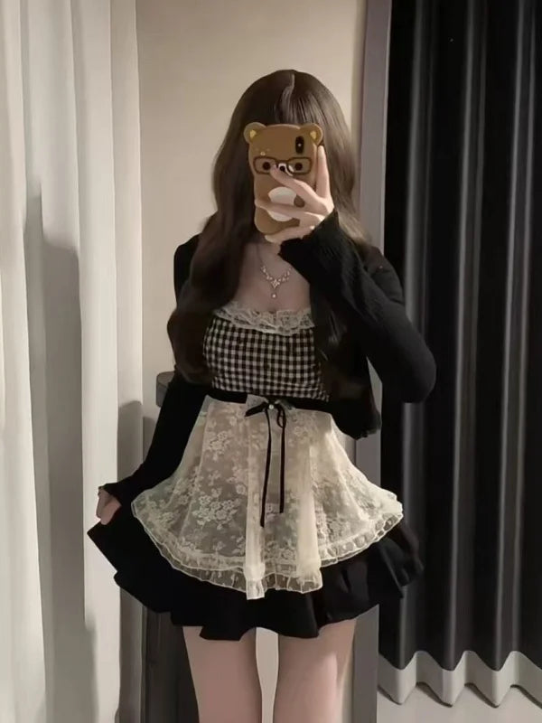 Sweet And Spicy Girl Pure Desire Three-Piece Set Lace Top Cardigan Cake Skirt Sexy Whole Set Summer Fashion Women's Ensemble