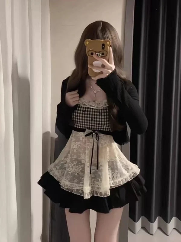 Sweet And Spicy Girl Pure Desire Three-Piece Set Lace Top Cardigan Cake Skirt Sexy Whole Set Summer Fashion Women's Ensemble