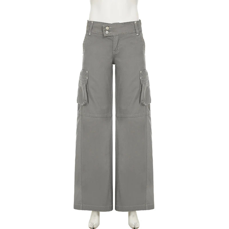SUCHCUTE Chic Gray Cargo Jeans Y2k Streetwear Casual Loose Denim Pants For Women Aesthetic 90s Low Waist Straight-leg Trousers