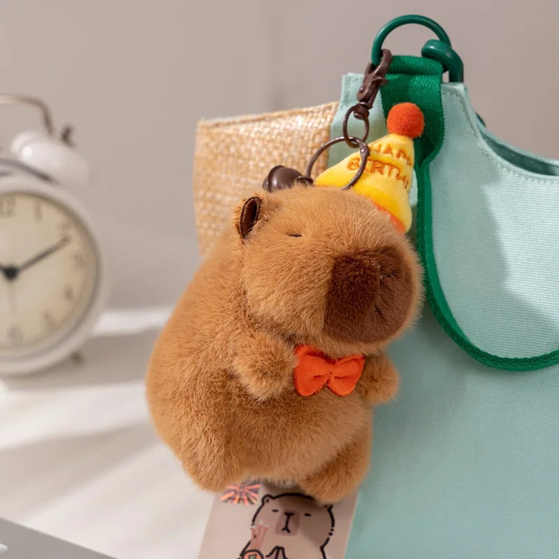 Capybara Plush Toy Birthday Hat Doll Cute Capibara Stuffed Keychain Plushie Fluffty Doll Toy Birthday Gift Kawaii Bag Key Ring