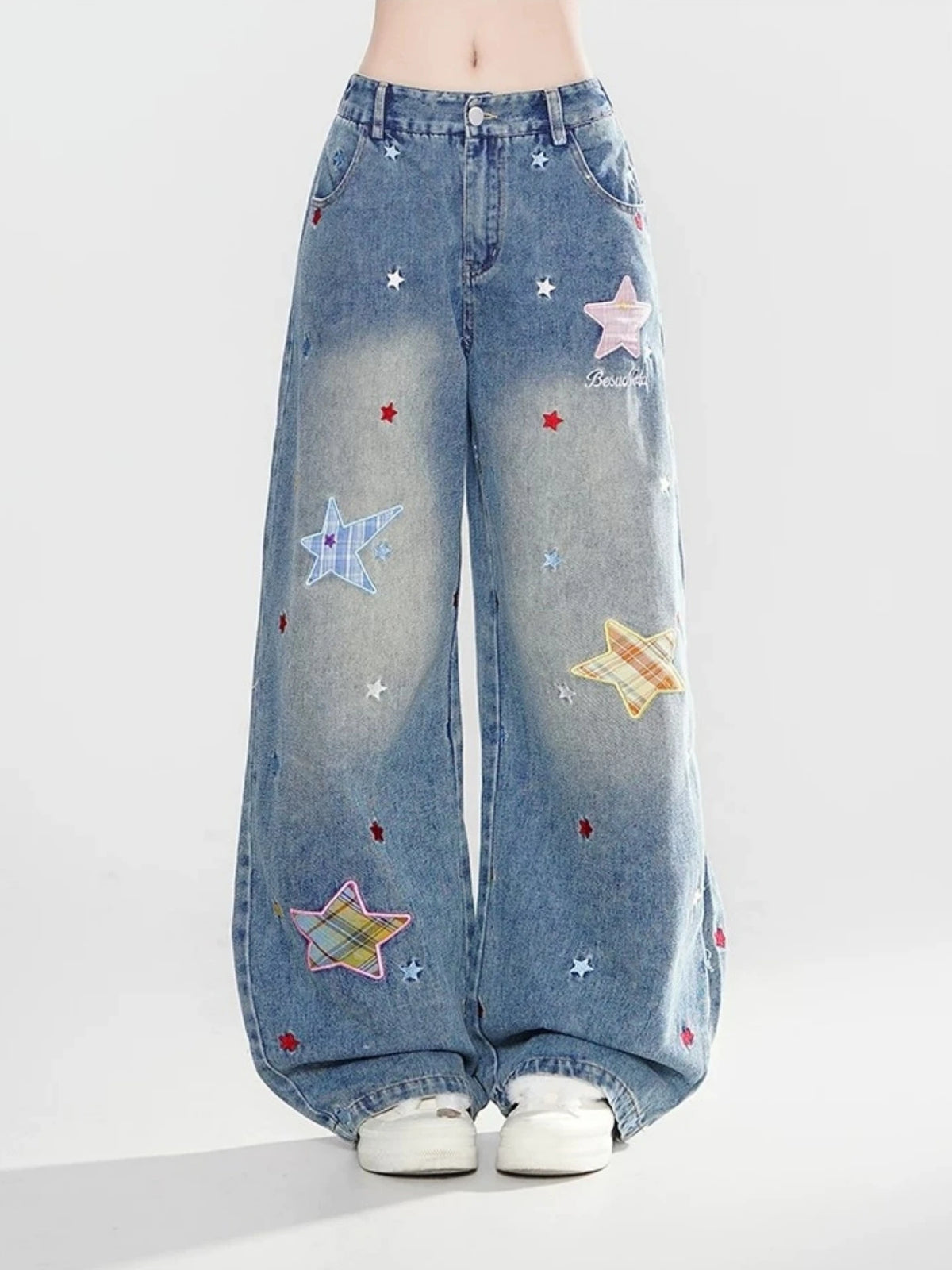 Casual Loose Wide Leg Jeans Women's Design Sense Star Embroidery Straight Street Style Blue Denim Pants Low Waist Zipper