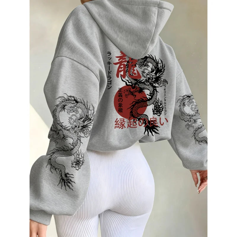 Oriental Dragon Hoodie Japanese Aesthetic Sleeve Graphic Unisex Harajuku Streetwear Pullover Hooded Sweatshirt Men Women Tops