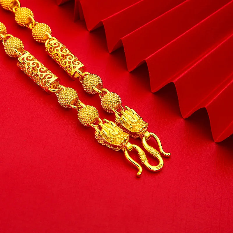 Necklace Personality Trendy 8mm 60cm Dragon Head Bold Hollow Necklace For Men 24K Gold AU999, Fashion Solid Gold Men Necklace